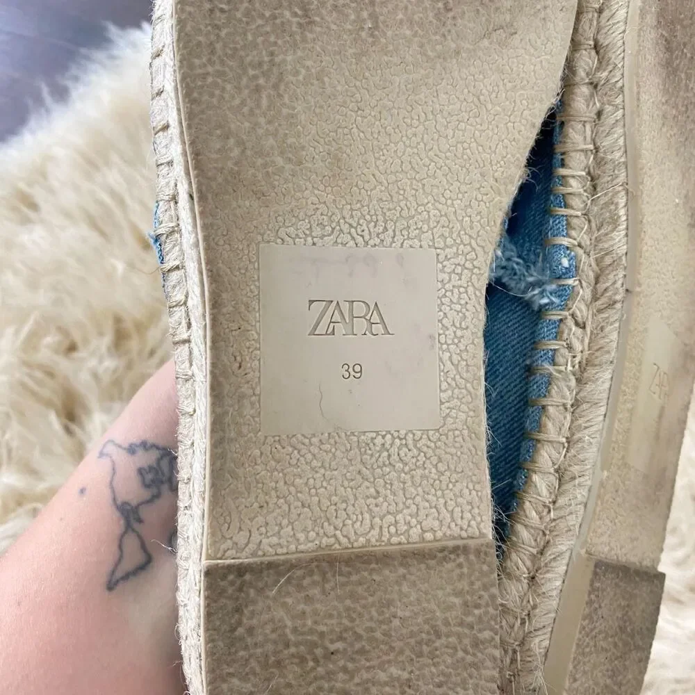 Preppy Euro Zara Frayed Light Blue Denim Espadrilles Flats EU 39 / US 8